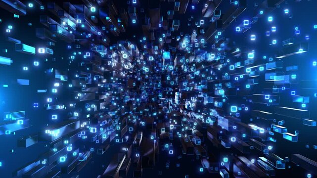 Blue tunnel blocks glowing cube outlines abstract digital space strong depth. data processing explainers, computing presentations, digital transformation campaigns futuristic technology introductions.