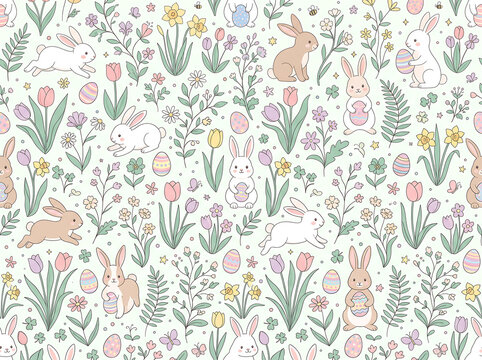 Easter seamless pattern vector with cute bunny rabbits, spring flowers, colorful easter eggs, and tulips on pastel background for textile wrapping paper.