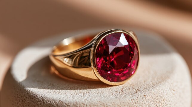A Fiery Gem: A magnificent ruby gemstone, radiating with intense red hues, is expertly set in a lustrous gold ring, presented on a textured surface that highlights its brilliance.