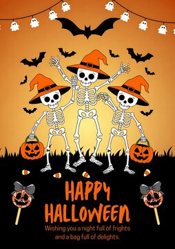 Three cute skeletons wearing witch hats trick or treating for