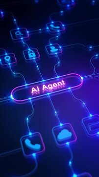 An AI Agent hub links digital service icons glowing network diagram. workflow agentic automation, business process integration, intelligent assistants and enterprise software presentation visuals.