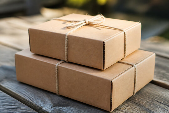 Two stacked brown cardboard gift boxes tied with twine rest on a rustic wooden surface outdoors.