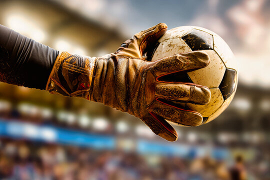 Goalkeeper in gloves catches a soccer ball above the ground with