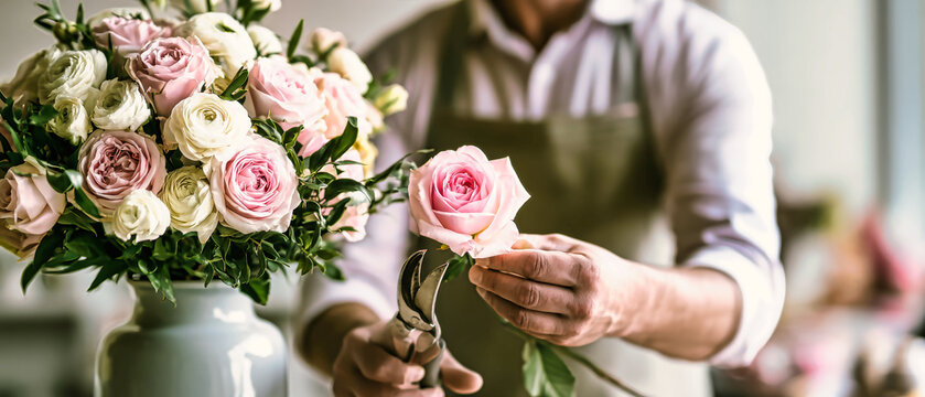 A person cuts a pink rose while arranging flowers in a vase insi