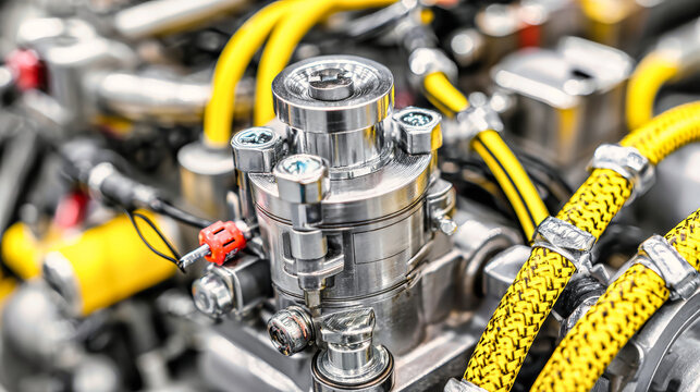 A detailed view shows a hydraulic valve connected by yellow and
