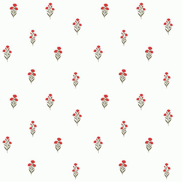 Block print style red flower sprigs seamless pattern on white background