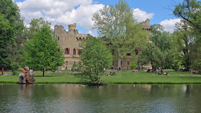 Timelapse of Januv hrad castle ruin and lake in Lednice park
