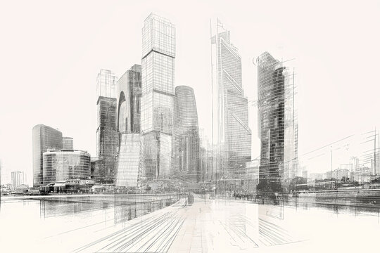 This captivating artwork blends a detailed city skyline with pen
