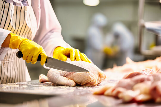 A woman in a white uniform and gloves cuts a chicken carcass on