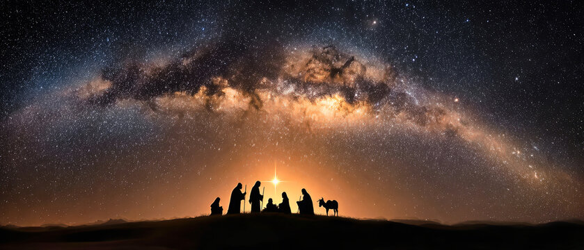 In a magical sunset, a glowing star illuminates a Nativity scene