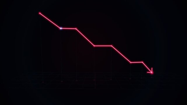 Stock market crash line graph plunging downwards with glowing red stepped trajectory across minimalist dark void for economic news reporting