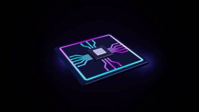 Cybernetic microprocessor chip pulsating neon blue and purple light within dark digital environment motion graphics for semiconductor industry marketing