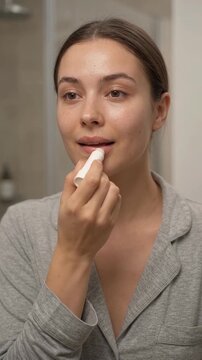 Woman using lip balm for moisturizing and protection, personal grooming, beauty routine, and healthy lifestyle habits at home