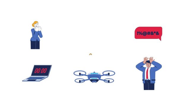 Cybersecurity breach and stressed government officials cartoon animation set. Countdown laptop. Surveillance drone. Profanity speech. Animated characters and objects cartoon flat collection 4K video