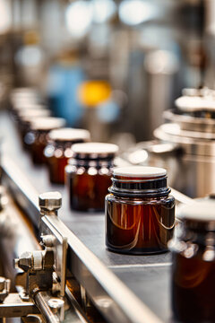 Cosmetic cream jars move along a conveyor belt in a factory sett