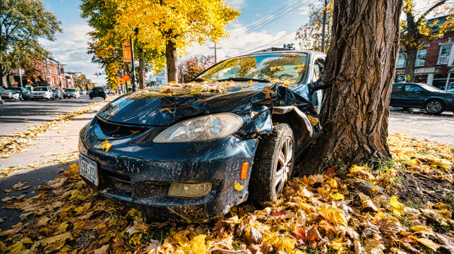 A car has crashed into a tree on a city street surrounded by col