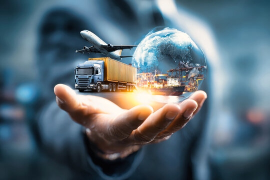 A hand holds models of a truck, container, airplane, and world m