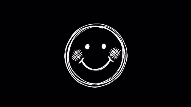 Animated hand drawn doodle smiley face with blush on transparent background white outline loop