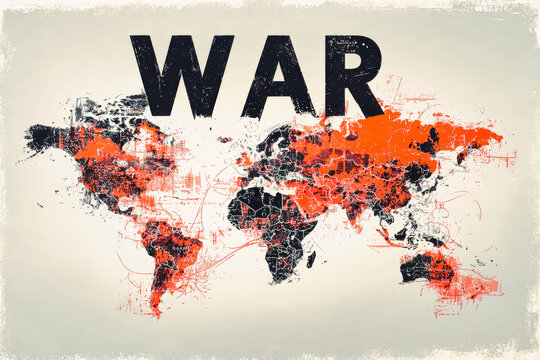 A world map displays red and black tones with the bold word war