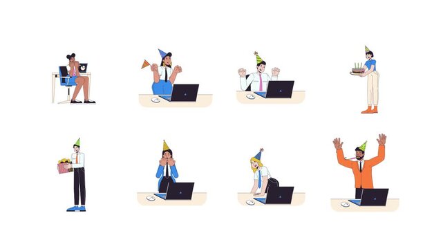 Workplace birthday surprise and party employees 2D characters animation pack. Diverse office workers celebrating at laptops animated people cartoon 4K video collection isolated on white transparent