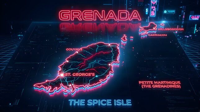 Futuristic neon map of grenada illuminated with bright red and blue lights in a cyberpunk style light glowing outline urban background digital