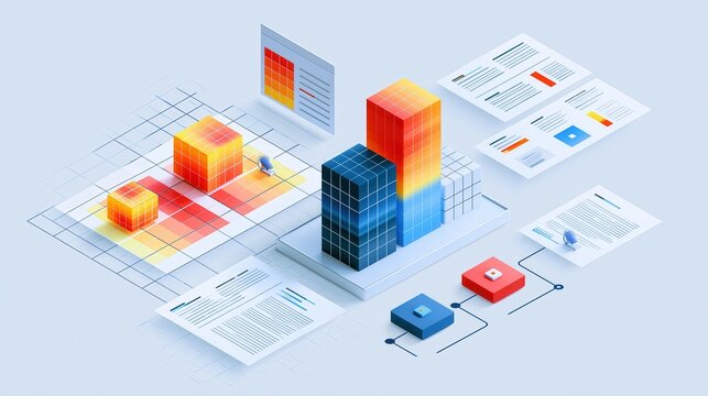 Isometric 3D data visualization charts with reports and graphs on a light blue grid background for business analytics