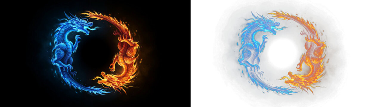Two mystical dragons in a circular yin yang formation, one made of blue ice flames and the other of orange fire, representing balance of elements isolated on transparent background