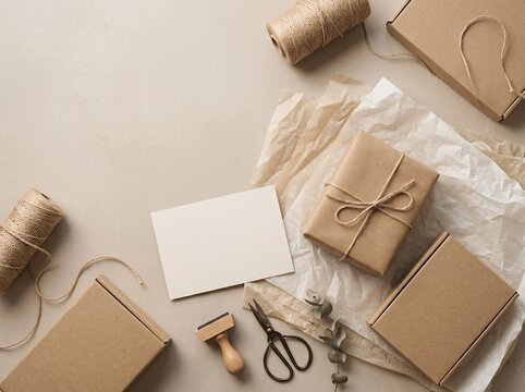 Kraft parcels and blank card flat lay for small business