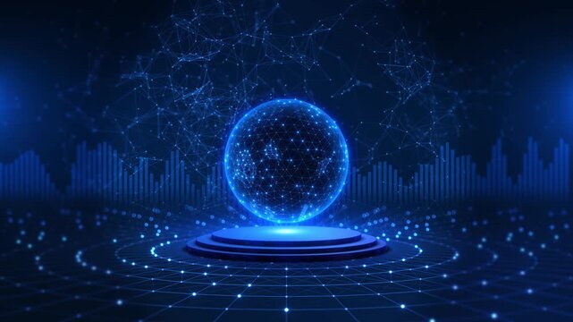 A luminous network sphere blue circular platform, points, mesh and glowing rings. abstract composition represents digital connectivity and complex data relationships futuristic visualization setting.