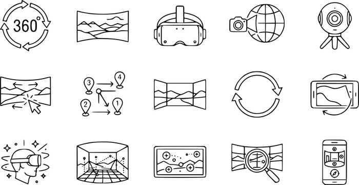 Vector illustration set of virtual reality (VR) and 360 degree view technology icons featuring 360 rotation arrows, panoramic view, VR headset glasses, global camera stream, 360 camera on tripod