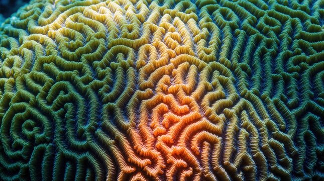 Macro view of colorful coral reef texture. Brain coral shows intricate organic patterns with yellow orange, green ridges. Marine life formation creates natural mosaic design under blue ocean water.