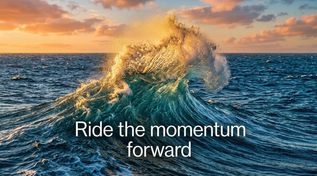 Powerful ocean wave crashing at sunset with inspirational text overlay