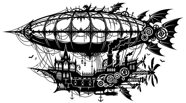 Black silhouette of a steampunk airship featuring gothic castle structures, gears, chains, and bat wings. Great for fantasy and sci-fi illustrations.