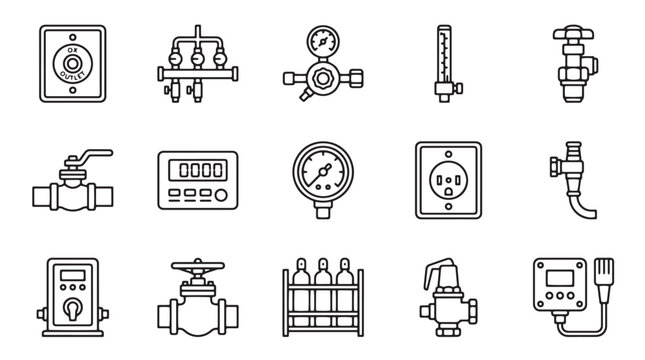 Gas equipment icons set, outline vector symbols of industrial plumbing and pressure gauges. Engineering hardware vector elements for technical manuals and diagrams