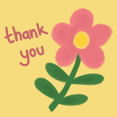 Cute hand-drawn flower with soft textured petals, leafy stem and playful "thank you" lettering on a square background. A cheerful message of gratitude and appreciation for greeting cards, postcards. © Silvie