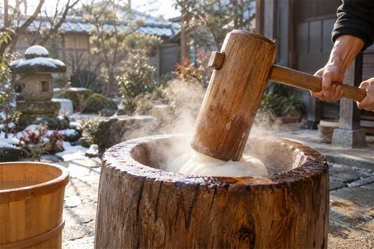 Traditional Japanese mochitsuki rice cake pounding with wooden mallet and mortar in winter