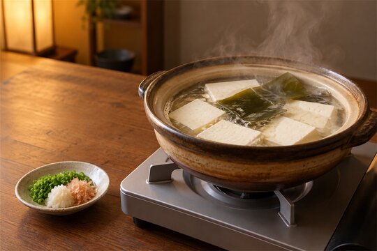 Yudofu simmered tofu in a clay pot with kombu and dipping sauce dishes on a tabletop burner