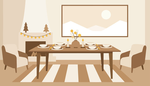 Cozy dining room interior featuring a wooden table set for dinner and a fireplace.