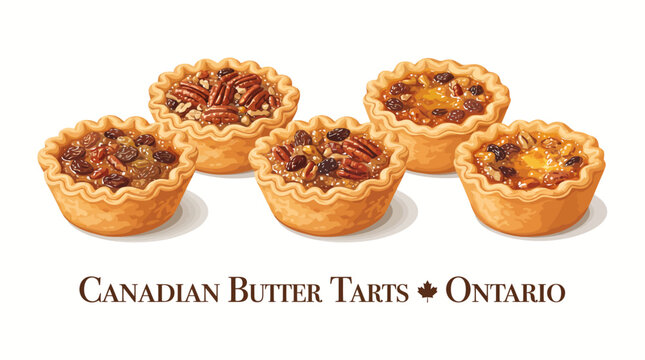 Very beautiful realistic vector dessert set featuring classic Canadian butter tarts with flaky pastry shells, glossy filling, raisins, pecans and golden caramel centers, CANADIAN BUTTER TARTS &bull; ONTARI