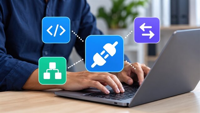 Developer working on software integration with digital connectors and programming code structure icons on laptop screen