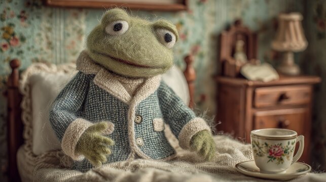 A felt frog puppet in a blue coat sits in a miniature bed with a teacup on the background.
