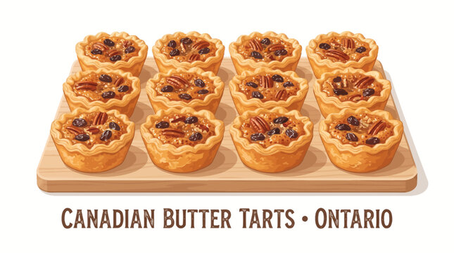 Very beautiful realistic vector dessert set featuring classic Canadian butter tarts with flaky pastry shells, glossy filling, raisins, pecans and golden caramel centers, CANADIAN BUTTER TARTS &bull; ONTARI