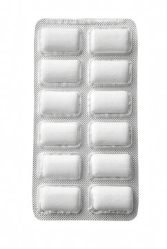 Twelve White Rectangular Chewing Gum Pieces in Silver Foil Blister Pack