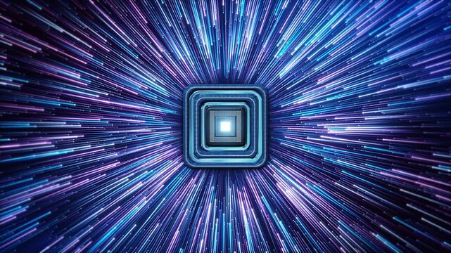 A central processor dense luminous lines bright points arranged in a radial pattern. Blue trails visual concept of digital data processing, information transfer and computing across multiple channels.