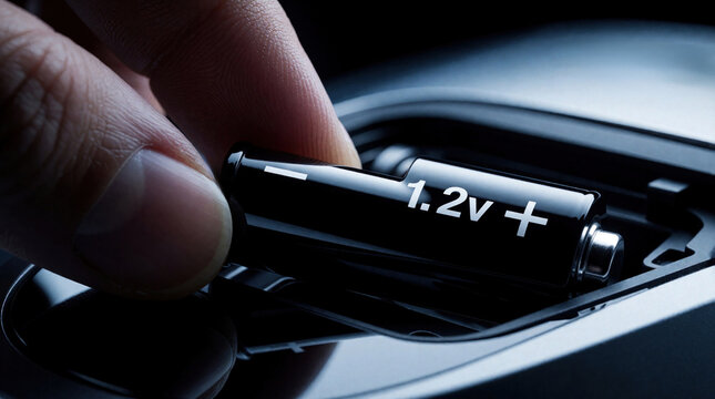 Close up of person hand inserting black rechargeable battery into electronic device. Human finger places 1. 2v energy cell into battery compartment. Power supply connection for portable tech gadget,