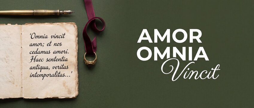Latin quote love background featuring manuscript page with calligraphic text Amor Omnia Vincit, golden fountain pen, vintage ring, velvet ribbon on dark green flat lay banner.