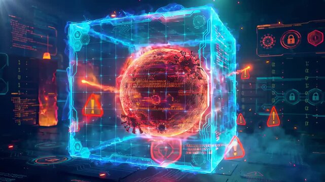 Cinematic malware quarantine animation with threat cube containment