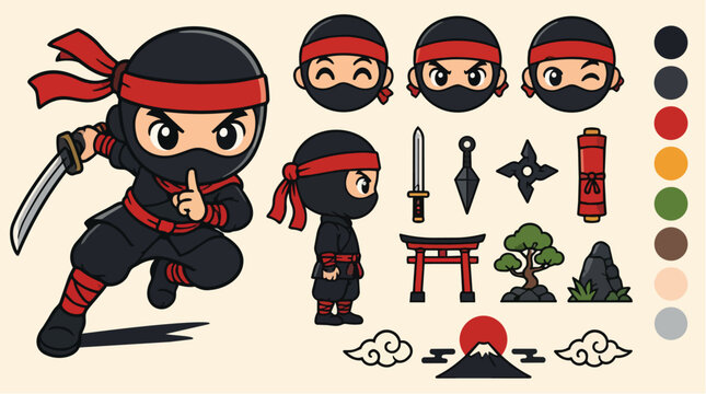 Chibi ninja shinobi character kit with traditional weapon assets.