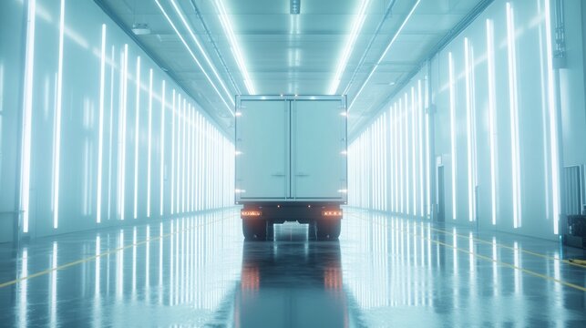 Modern white box truck parked in clean distribution center corridor glossy floor logistics transportation delivery cargo shipping warehouse business and commercial supply chain operation scene concept