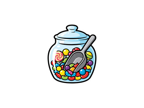 Glass Candy Jar Filled With Colorful Assorted Sweets And A Gray Serving Scoop, Nostalgic Confectionery Display For Shops, Parties, And Dessert Tables, Vector Illustration